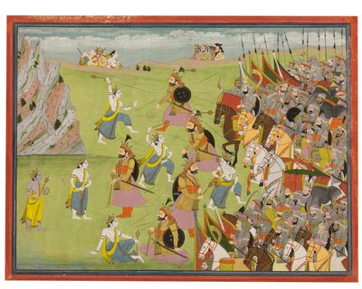 Et maleri fra Mahabharata: Balabhadra i kamp mod Jarasandha, Kangra og Garhwal, ca. 1810-20 af Indian School