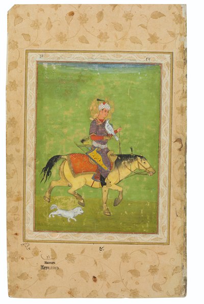 Et maleri af Iraj på hesterygning med en Falcon, Indien, Mughal -periode, slutningen af det 16. århundrede (uigennemsigtige pigmenter og guld på Wasli) af Indian School