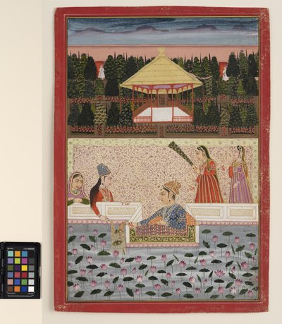 En prins og prinsesse leger med stjernekastere ved en lotusbassin, ca. 1760 (ugennemsigtig akvarel og guld på papir) af Indian School