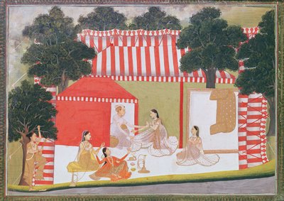 En prins, der forsøger at trække en dame ind i sit telt; en stuepige og venner ser overrasket på, ca. 1760 (ugennemsigtigt wc på papir) af Indian School