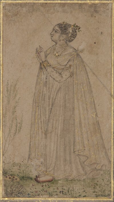 En prinsesse tilbeder solen, ca. 1600 (ugennemsigtigt wc & guld på papir) af Indian School