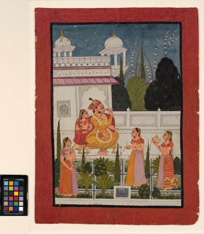 En raja på en terrasse med sin rani, med deltagelse af tre kvinder, slutningen af det 18. århundrede (ugennemsigtig akvarel på papir) af Indian School