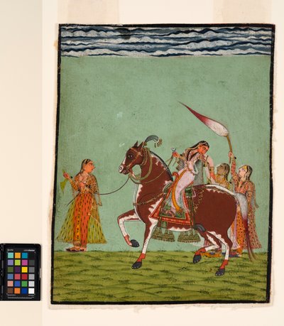 En kvinde til hest med tre ledsagere, ca. 1735 (ugennemsigtig akvarel på papir) af Indian School