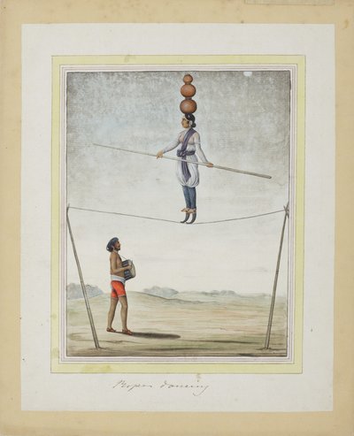 Akrobat på stram reb, trommeslager forneden, ca. 1820 (ugennemsigtigt wc på papir) af Indian School