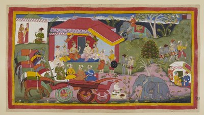 Tilføj 15296 (1) f.104r, I en lejrscene bliver Guha the Nishadaking introduceret til mødet mellem prinser, brahminer og ministre. Hestene, frigjort fra vognene, står i en række tøjret og hinklede, mens en mahout forbereder pulver til de af Indian School