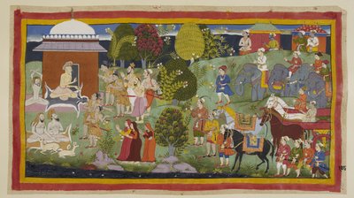 Tilføj 15296 (1) f.108r, Bharadvaja, siddende uden for sin hytte sammen med andre asketer og hjorte, spørger prinserne, om de har nydt hans gæstfrihed. Han fortæller dem og deres ledsagere, at Rama bor i Citrakuta. Efter hans anmodning fik fyrsterne intr af Indian School