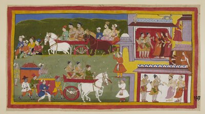 Tilføj 15296 (1) f.127r, Processionen vender tilbage til Ayodhya, langs bunden af maleriet, hvor den sørgelige og øde by er tilholdssted for katte og ugler. Bharata og Shatrughna tager afsked med dronningerne og fortæller Vasistha, at de vil trække sig til af Indian School