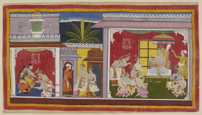 Tilføj 15296 (1) f.2r, I tronsalen ved Ayodhya (til højre) sidder kong Dasaratha med sine fire sønner, sin minister Sumantra og sin ypperstepræst Vasistha. Yudhajit, dronning Kaikeyis bror og Bharatas morbror, er kommet for at tage Bharata på besøg af Indian School
