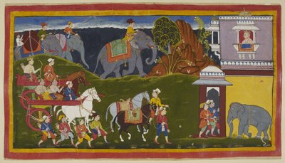 Tilføj 15296 (1) f.4r, Bharata, Shatrughna og deres onkel, sammen med holdere og to ledede rideheste, med læssede elefanter ud over horisontlinjen, ankommer til slottet til kongen af Kekaya, Bharatas morfar, som venter på dem kigger ud af Indian School