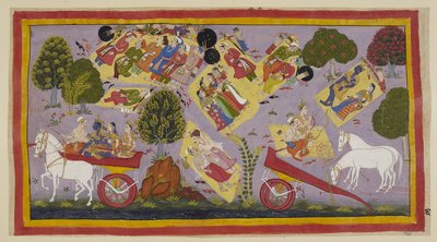Tilføj 15296 (1) f.61r, De landflygtige har nået Tamasa-floden og tilbringer natten på dens bredder, stadig omgivet af de sørgende byfolk. Sita og Rama ligger og sover på en græsleje, mens Laksmana og Sumantra taler om Ramas dyder, og hestene g af Indian School