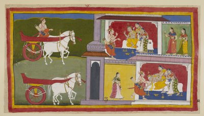 Tilføj 15296 (1) f.72r, Til venstre vender Sumantra tilbage til Ayodhya og går ind i paladset for at give Ramas sidste besked til kongen, som sidder med Kausalya og Sumitra ved siden af sig. Kongen falder i svime og bliver fanget af Sumantra og dronningern af Indian School