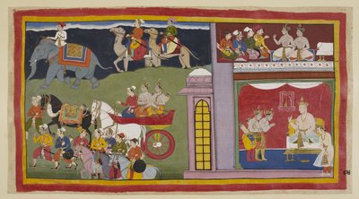 Tilføj 15296 (1) f.84r, Budbringerne, i et øvre kammer, beder prinserne om at vende tilbage til Ayodhya. Nedenfor i tronsalen, klædt på til rejsen, siger prinserne deres farvel til kong Kaikeyi og hans søn Yudhajit. De sidder ude i en vogn med m af Indian School