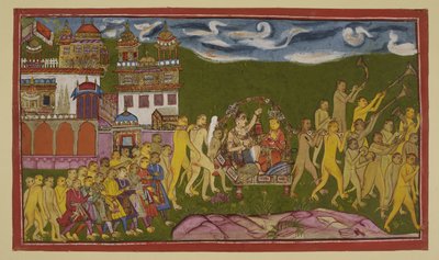 Add 15296 (2) f.43r, Sugriva og Laksmana transporteres i et gyldent kuld, båret af aber, fra Kiskindha af Indian School