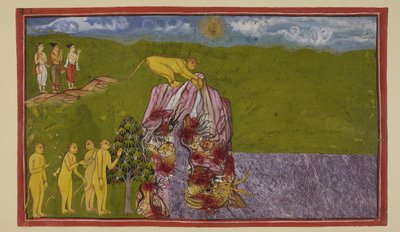 Tilføj 15296 (2) f.81r, Ved bredden af det store hav var aberne forfærdede over, hvordan de kunne krydse det for at nå La?k?. Angada spurgte dem alle, hvor langt de kunne springe, men ingen var sikker på at springe så langt, indtil Jambavan opfordrede Hanu af Indian School