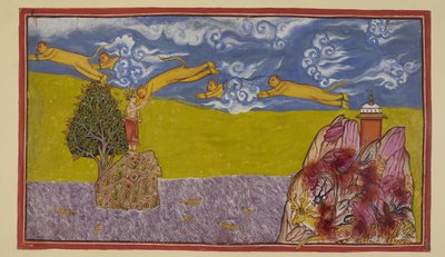 Tilføj 15296 (2) f.84r, Uberørt af havets bredde, svulmer Hanuman sig op til en enorm størrelse og ved at bruge det stadig brændende bjerg Mahendra som affyringsrampe kaster han sig ud i rummet og over havet til øriget La ?k?. The Ocean encoura af Indian School