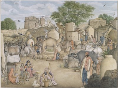 Tilføj Or.4057 En gadescene i landsbyen Raniya, ca. 1816-20 (akvarel og gouache på papir) af Indian School