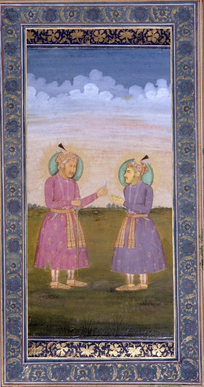 Akbar rækker en juvelbesat fjer til sin søn Jahangir, ca. 1845 (ugennemsigtigt wc & guld på papir) af Indian School