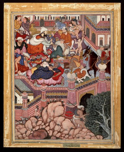 Amr, forklædt som kirurgen Mazmahil, praktiserer kvaksalveri på troldmændene i Antali, ca. 1570 (ugennemsigtig akvarel og guld på bomuld) af Indian School