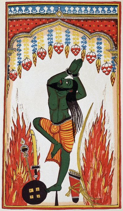 Aradjama, der beder og gør bod for at få de våben, der vil gøre ham uovervindelig, litho 1700-tallet. af Indian School