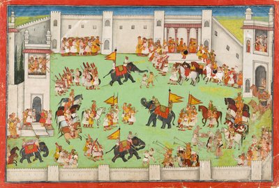 Brudgommens ankomst til paladset, folio fra en Ramayana, ca. 1640-1650 af Indian School