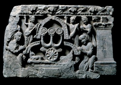 Art of Gandhara (eller græsk-buddhisme): "" Buddha i bøn"" miraklet Sravasti (Shravasti eller Savatthi) (Praying Buddha, Sravastis mirakel) Relief af Gandhara-skolen - 2. til 4. århundrede - Indian Museum, Calcutta Indien af Indian School