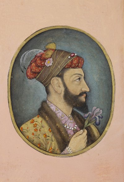 Aurangzeb Bahadur holder en iris, ca. 1650 (ugennemsigtigt wc & guld på papir) af Indian School