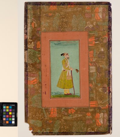 Aurangzeb holder et fluevisk, ca. 1680 (ugennemsigtig akvarel og guld på papir, monteret på en albumside) af Indian School