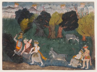 Balarama Kills the Ass Demon, Side fra en Dispersed Bhagavata Purana Series, ca. 1725 (ugennemsigtig akvarel og sølv på papir) af Indian School