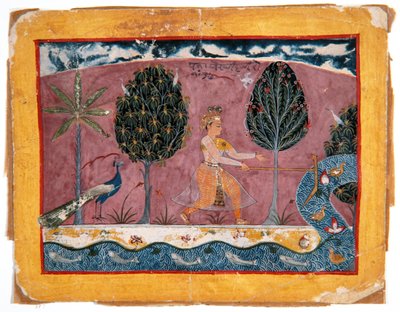 Balarama med sit plovskær ved Jamna-floden, ca. 1590-1600 (ugennemsigtigt wc & guld på papir) af Indian School
