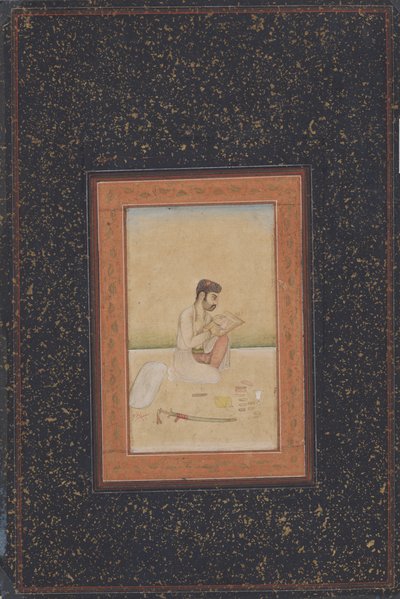 Behzad maleren med briller (blæk, farve og guld på papir) af Indian School