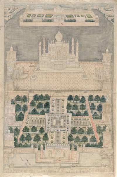Fugleperspektiv af Taj Mahal i Agra, 1790-1810 af Indian School