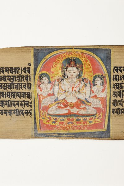 Bodhisattva Sadakshi Awolokiteshwara og Attendants, CII-1 (OPQ w & inc on palm leaf) af Indian School