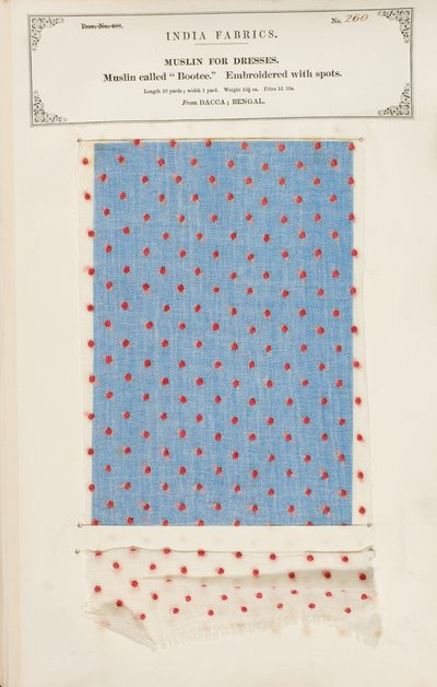 Bootee muslinprøve broderet med pletter fra Dacca i Bengal, fra The Collection of the Textile Manufacturers of India, af John Forbes Watson, udgivet i 1866 af Indian School