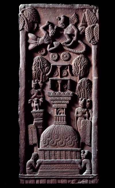 Buddhisme: "" Mahaparinirva a ou parinirvana, afslutningen på Buddhas jordiske eksistens, når nirvanaen"" (Parinirvana, sidste nirvana, som opstår ved døden af Buddhas krop) detail du stupa de Bharhut (Barhut, Barouth) Lav relief af sort af Indian School