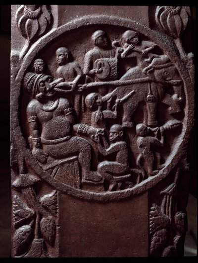 Buddhisme: "Aber fanger en elefant og trækker den for at trække kæmpens tand ud) detail du stupa de Bharhut (Barhut, Barouth) Lavt relief af sort sten, 2. århundrede f.Kr. (2. århundrede f.Kr.) - Calcutta, indisk museum af Indian School