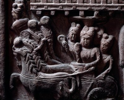 Buddhisme: "" Prasenjits sidste besøg i Buddha" (Prasanjits sidste besøg i Buddha) detail du stupa de Bharhut (Barhut, Barouth) Lavt relief af sort sten, 2. århundrede f.Kr. (2. århundrede f.Kr.) - Kolkata, indisk museum af Indian School