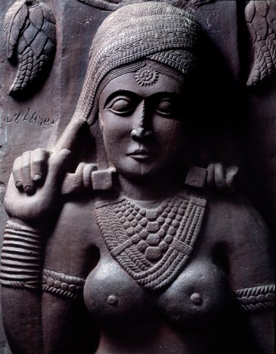 Buddhisme: "" Sudarsana Yakshini"" detalje af stupaen i Bharhut (Barhut, Barouth) Lavt relief af sort sten, 2. århundrede f.Kr. (2. århundrede f.Kr.) - Kolkata, indisk museum af Indian School