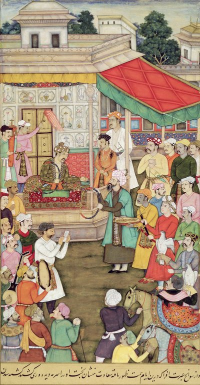 CBL i 03.54 Akbar (r.1556-1605) modtager gaver fra ambassadørerne i Badakhshan, fra Akbarnama, ca. 1605 af Indian School