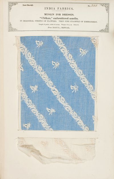 Chikan broderet muslinprøve fra Dacca i Bengalen, fra The Collection of the Textile Manufacturers of India, af John Forbes Watson, udgivet i 1866 af Indian School
