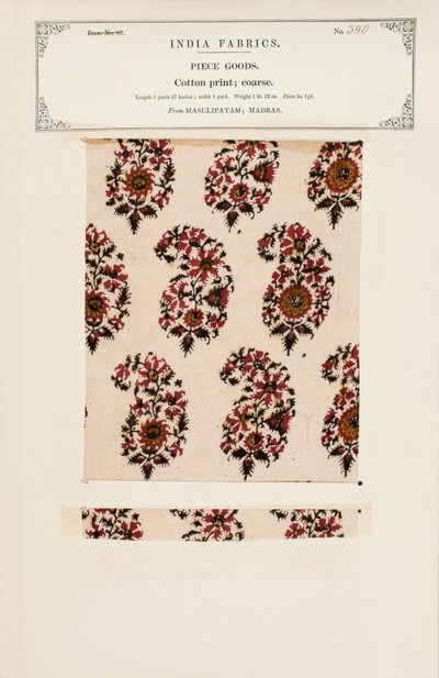 Grovt bomuldstrykprøve fra Masulipatam i Madras, fra The Collection of the Textile Manufacturers of India, af John Forbes Watson, udgivet i 1866 af Indian School