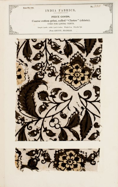 Grov bomuldsprøve med chetee (chintz) mønster fra Arcot i Madras, fra The Collection of the Textile Manufacturers of India, af John Forbes Watson, udgivet i 1866 af Indian School