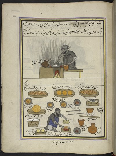 Tilberedt mad og kawab-fremstillere,  86 tegninger indbundet i et bind, der viser håndværk og erhverv i Kashmir, håndværkere vises i arbejde med deres redskaber og udstyr,  Af en Kashmir-kunstner, sandsynligvis i Srinagar, ca. 1850-60 (gouache på papir) af Indian School
