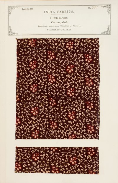 Bomuldstrykprøve fra Bellary i Madras, fra The Collection of the Textile Manufacturers of India, af John Forbes Watson, udgivet i 1866 af Indian School