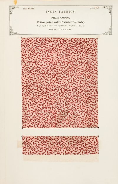 Bomuldsprøve med et chetee (chintz) print fra Arcot i Madras, fra The Collection of the Textile Manufacturers of India, af John Forbes Watson, udgivet i 1866 af Indian School
