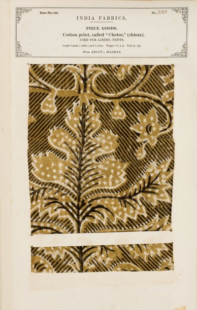 Bomuldsprøve med chetee (chintz) print fra Arcot i Madras, fra The Collection of the Textile Manufacturers of India, af John Forbes Watson, udgivet i 1866 af Indian School