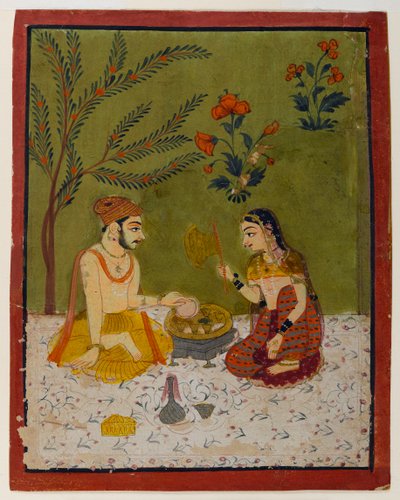 Par siddende under et træ, ca. 1700 (wc & guld på papir) af Indian School