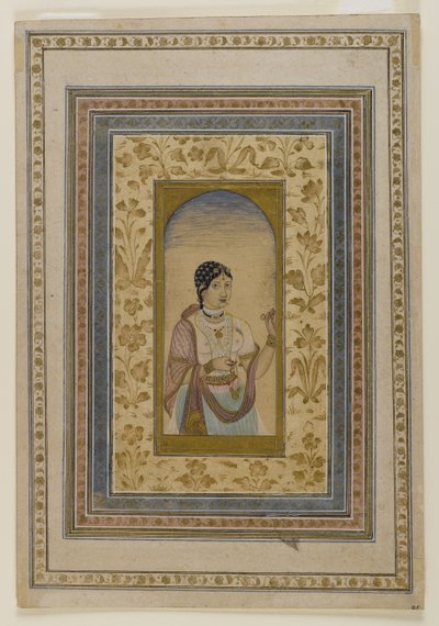 Courtesane in a Window, 1700-tallet (vaske af wc, guld og blæk på papir) af Indian School
