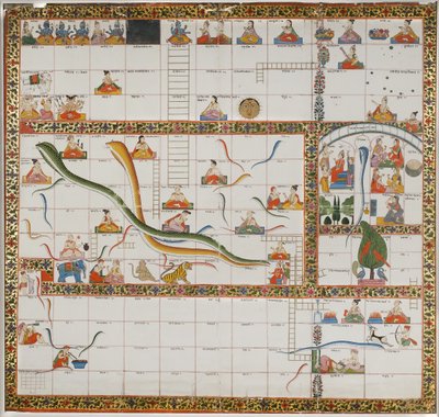 Design til spillet Snakes and Ladders, 1800 (gouache på papir monteret på stof) af Indian School