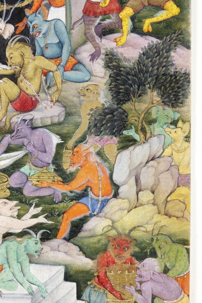 Detalje fra Demons in a Wild Landscape, ca. 1600 (ugennemsigtigt wc & guld på papir) af Indian School