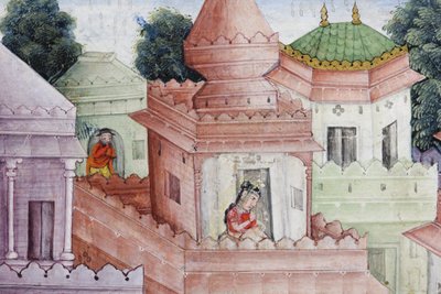 Detalje fra Krishna Spalter Dæmonen Narakasura med sin Discus, ca. 1585-90 (ugennemsigtigt wc & guld på papir) af Indian School